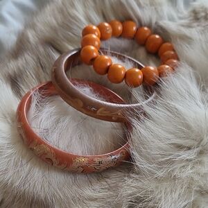 Vintage Orange and Brown Wood Bangle Set